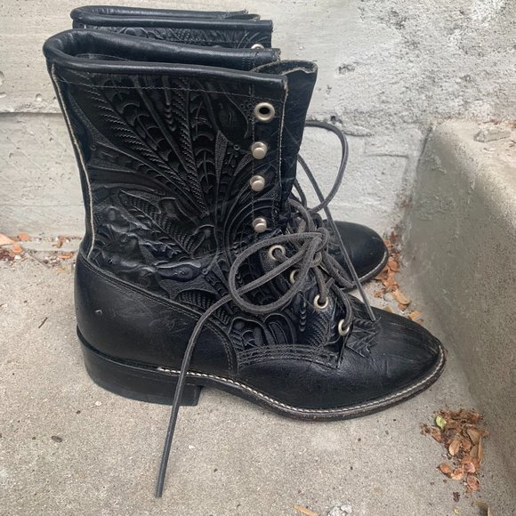 Larry Mahan lace-up tooled leather boots 6M black - Picture 3 of 9